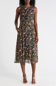 Vince Camuto Floral Twisted Front Mesh Midi Dress
