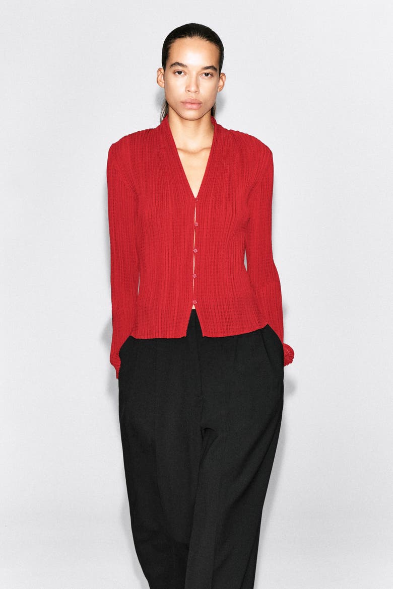 Pleated Jacquard Cardigan, Main, color, RED