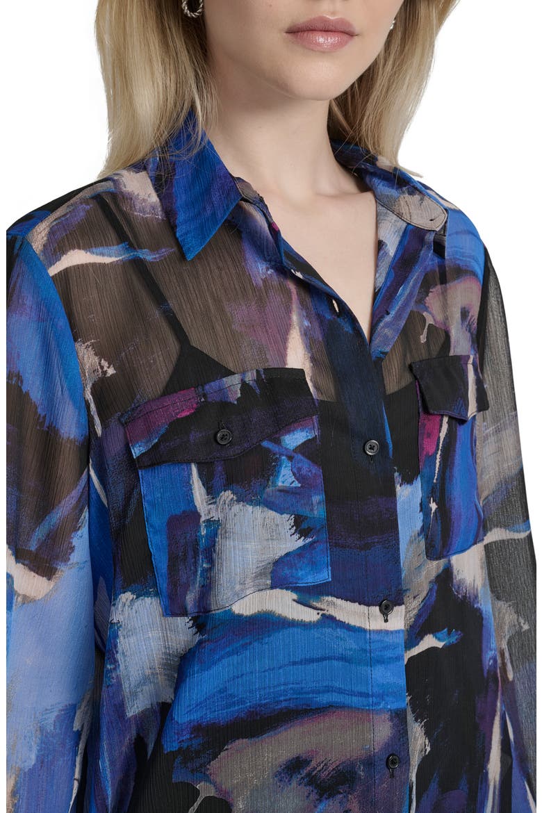 Floral Print Long Sleeve Chiffon Shirt, Alternate, color, BLUE BRUSH
