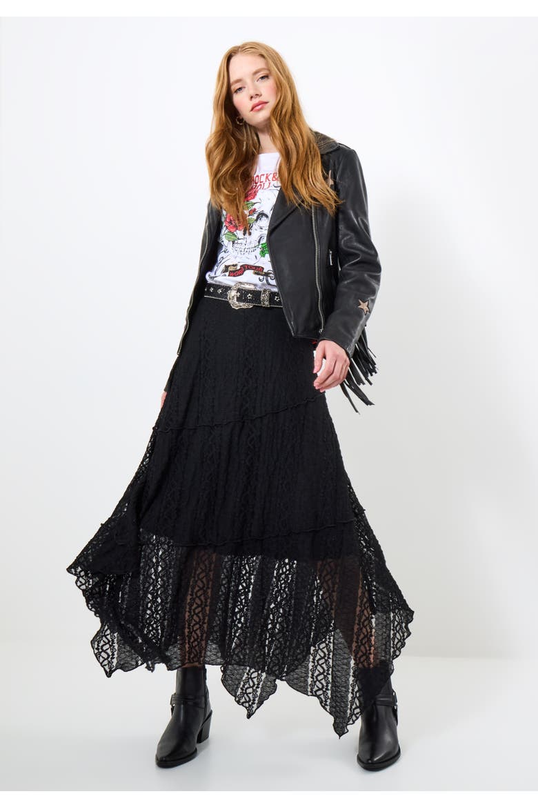 Stretch Lace Hanky Hem Maxi Skirt, Main, color, BLACK