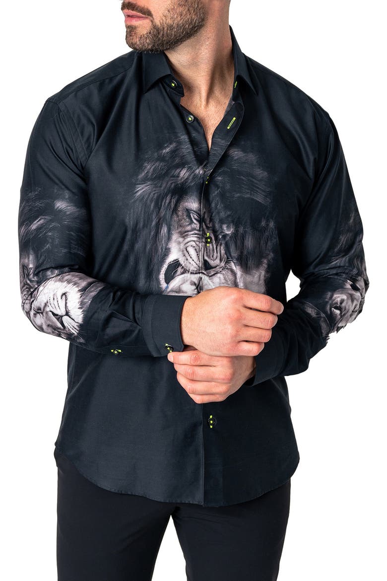 Fibonacci Love Lion Cotton Button-Up Shirt, Alternate, color, BLACK