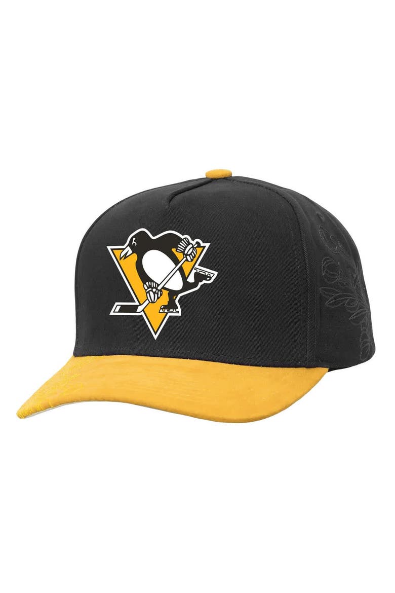 Men's Mitchell & Ness Black/Gold Pittsburgh Penguins May Flowers Pro Crown Adjustable Hat, Main, color, Black