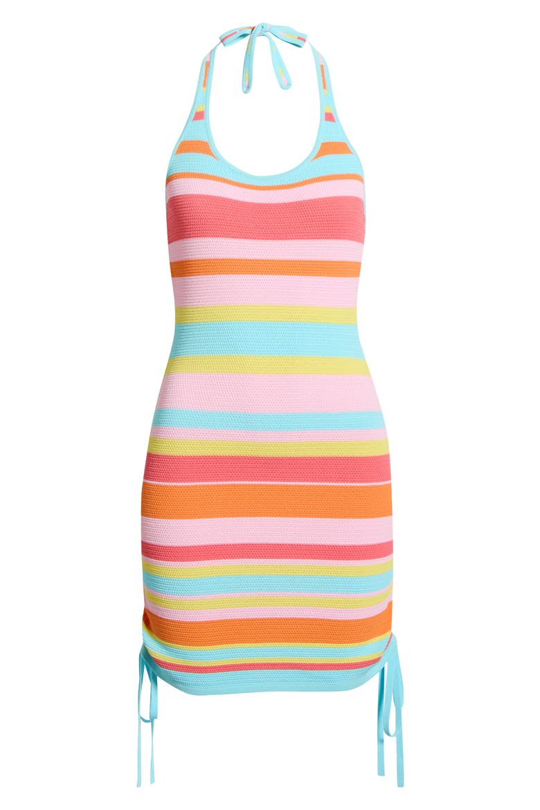 Drawstring Open Knit Halter Minidress, Alternate, color, SUNSET STRIP