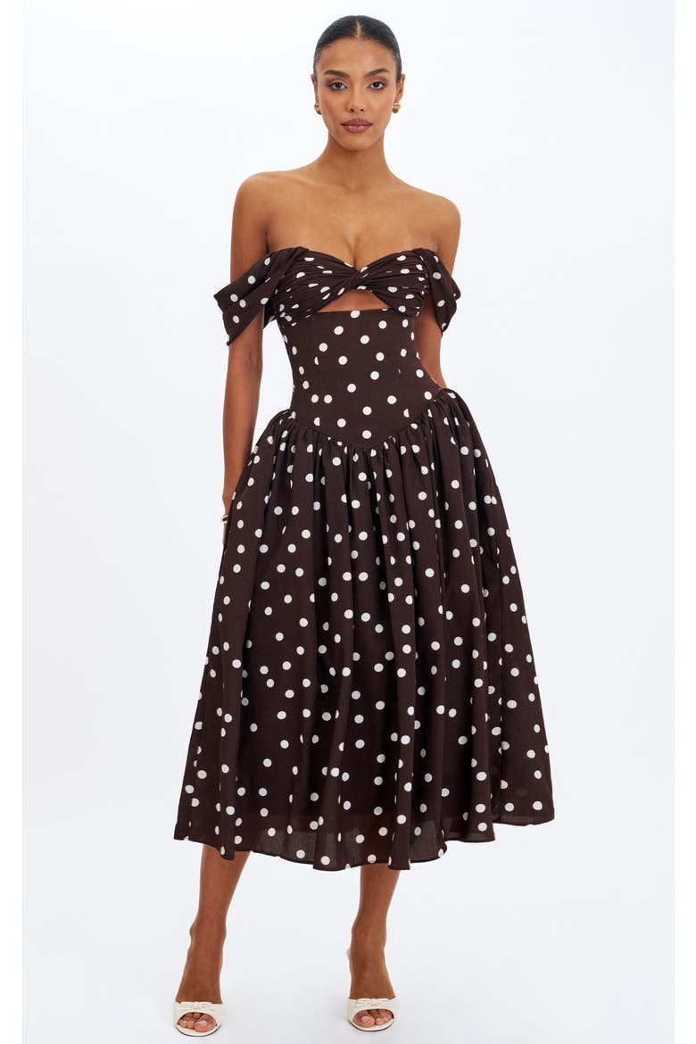Xandie Polka Dot Off-Shoulder Midi Dress, Main, color, Mocha