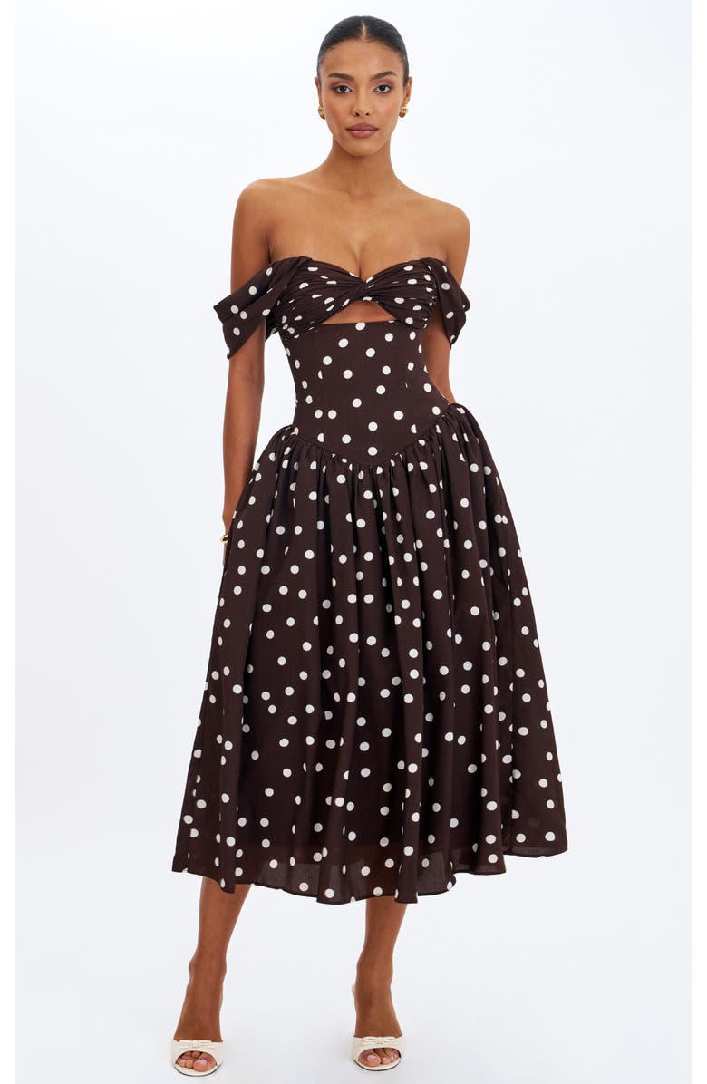 Miss Circle Xandie Polka Dot Off-Shoulder Midi Dress, Main, color, Mocha