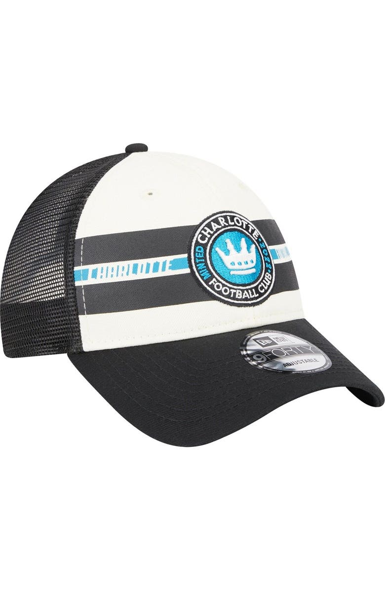 New Era Men's New Era White/Black Charlotte FC Team Stripes 9FORTY Trucker Snapback Hat, Alternate, color, White