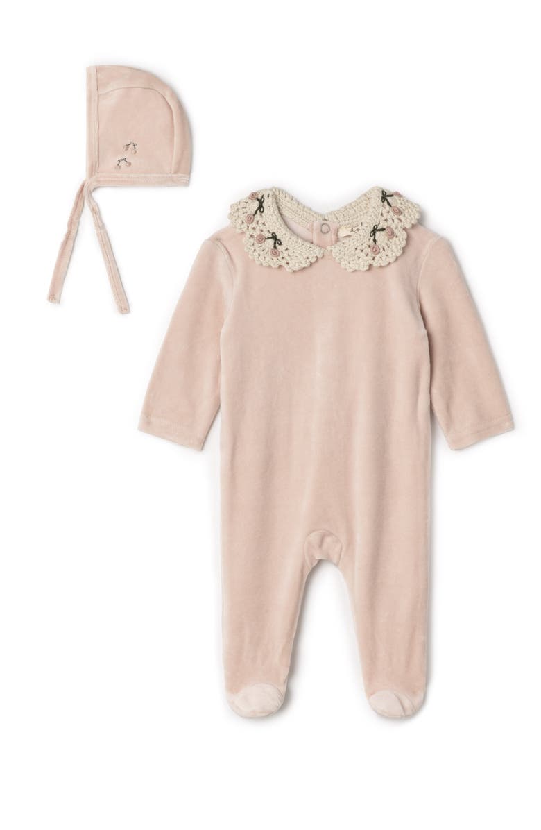 LOLA Velour Crochet Collar Snap Back Romper and Bonnet Set, Main, color, Rose Cloud