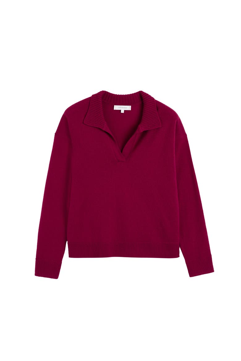 Wool Cashmere Blend V Neck Collared Sweater, Alternate, color, Cherry
