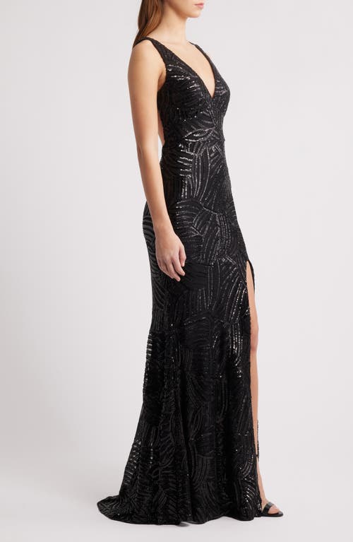 City Studio Royal Sequin Side Slit Gown In Black