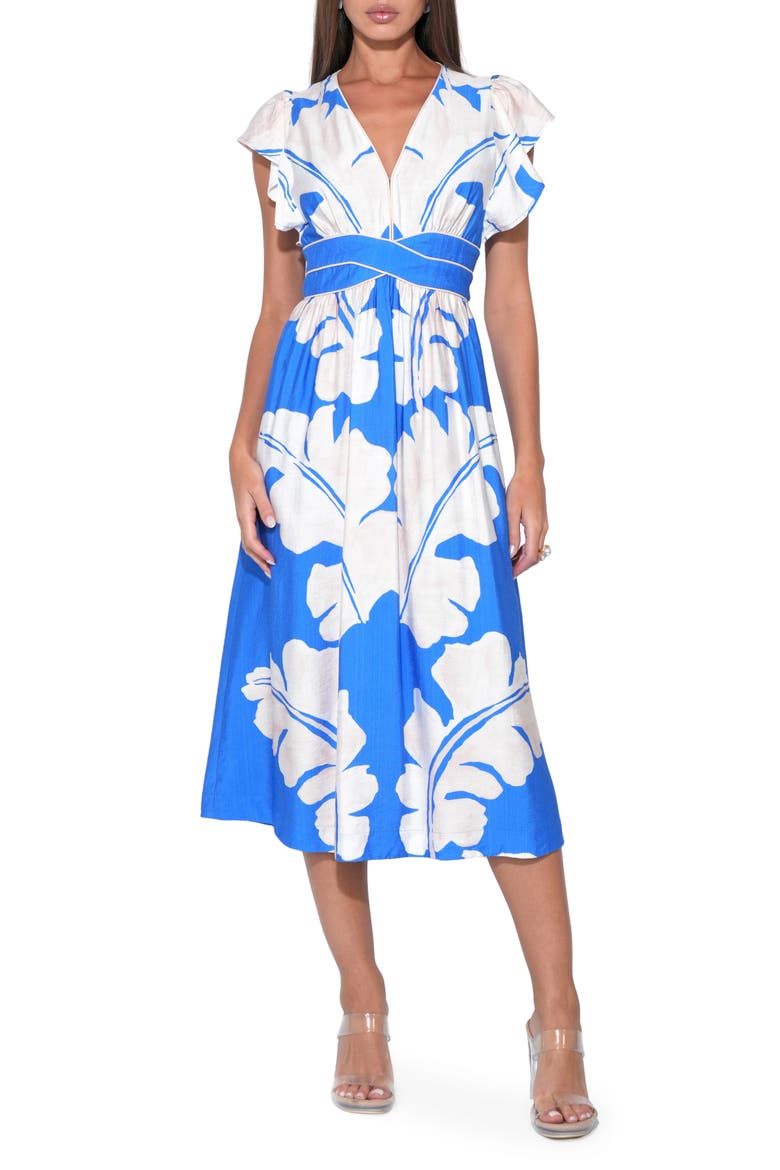 Avery Botanical Print Midi Dress, Main, color, BLUE/ IVORY