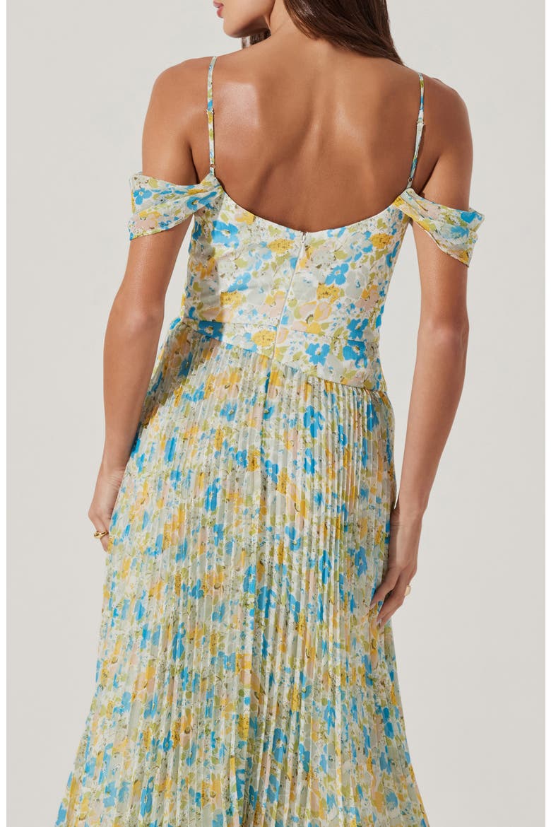 Floral Pleated Cold Shoulder Midi Dress, Alternate, color, BLUE YELLOW FLORAL
