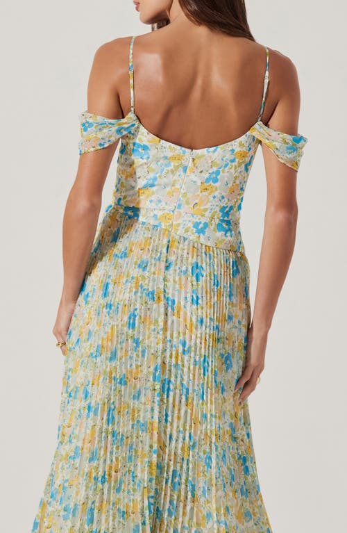 Astr The Label Floral Pleated Cold Shoulder Midi Dress In Blue Yellow Floral