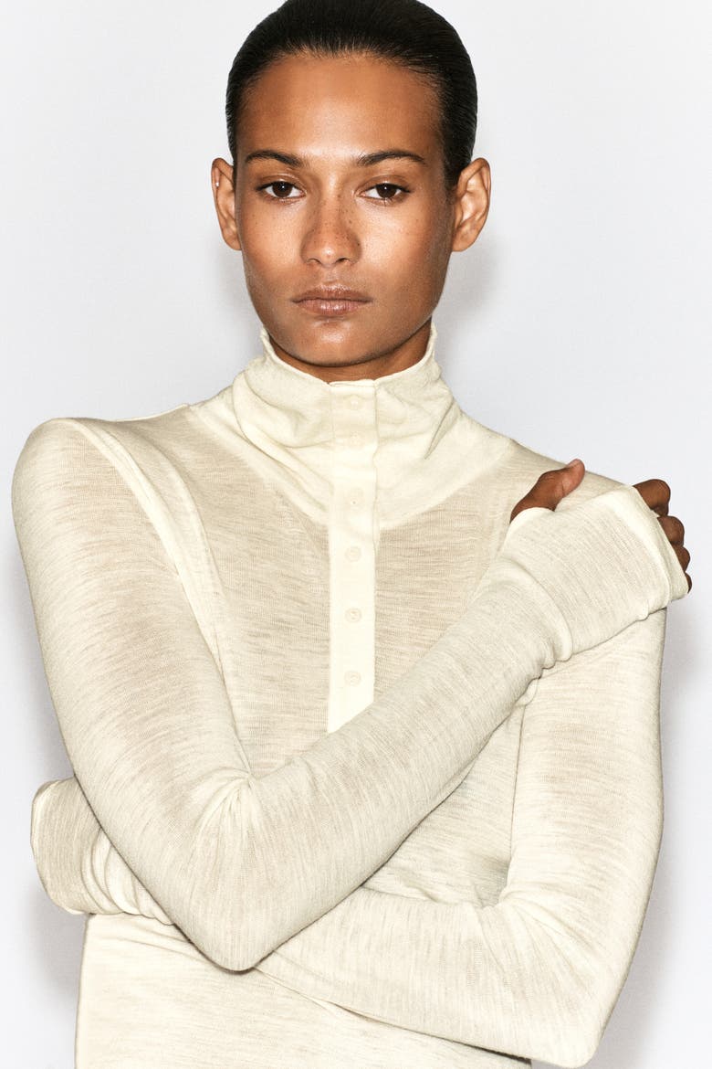 Merino Wool Buttoned Mock-neck Top, Alternate, color, IVORY