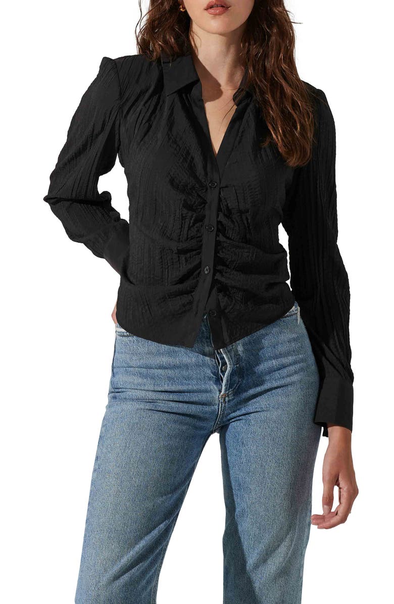 ASTR the Label Textured Ruched Button-Up Shirt, Main, color,