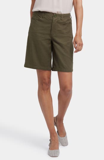 Nydj Five-pocket Stretch Linen Blend Bermuda Shorts In Green