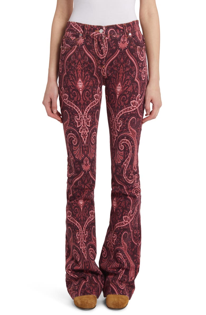 Etro Svasato Paisley Bootcut Jeans, Main, color, Burgundy