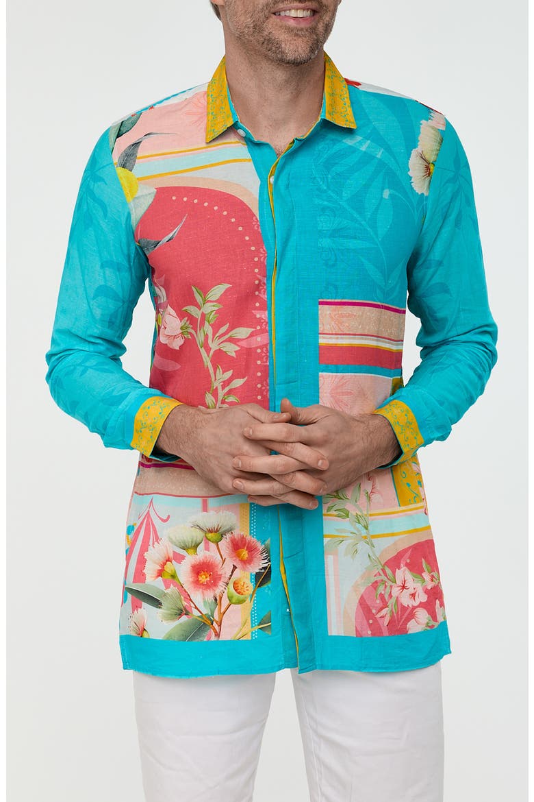 Tropical Button-Up Resort Shirt, Main, color, AQUA