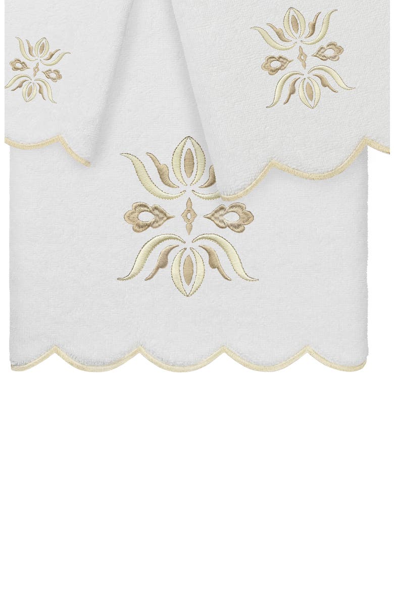 Flower Crest Scallop 3-Piece Towel Set, Alternate, color, WHITE/ BEIGE