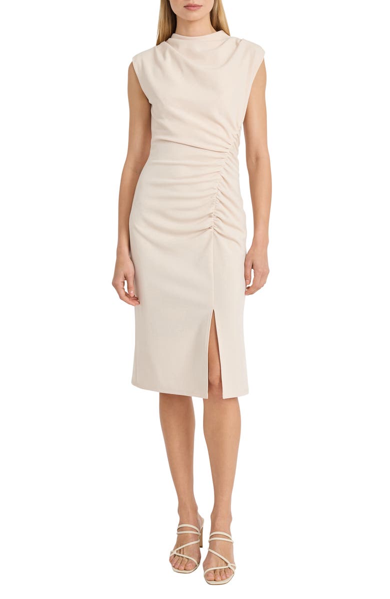 Donna Morgan Cowl Neck Sleeveless Ruched Midi Dress, Main, color, Horn