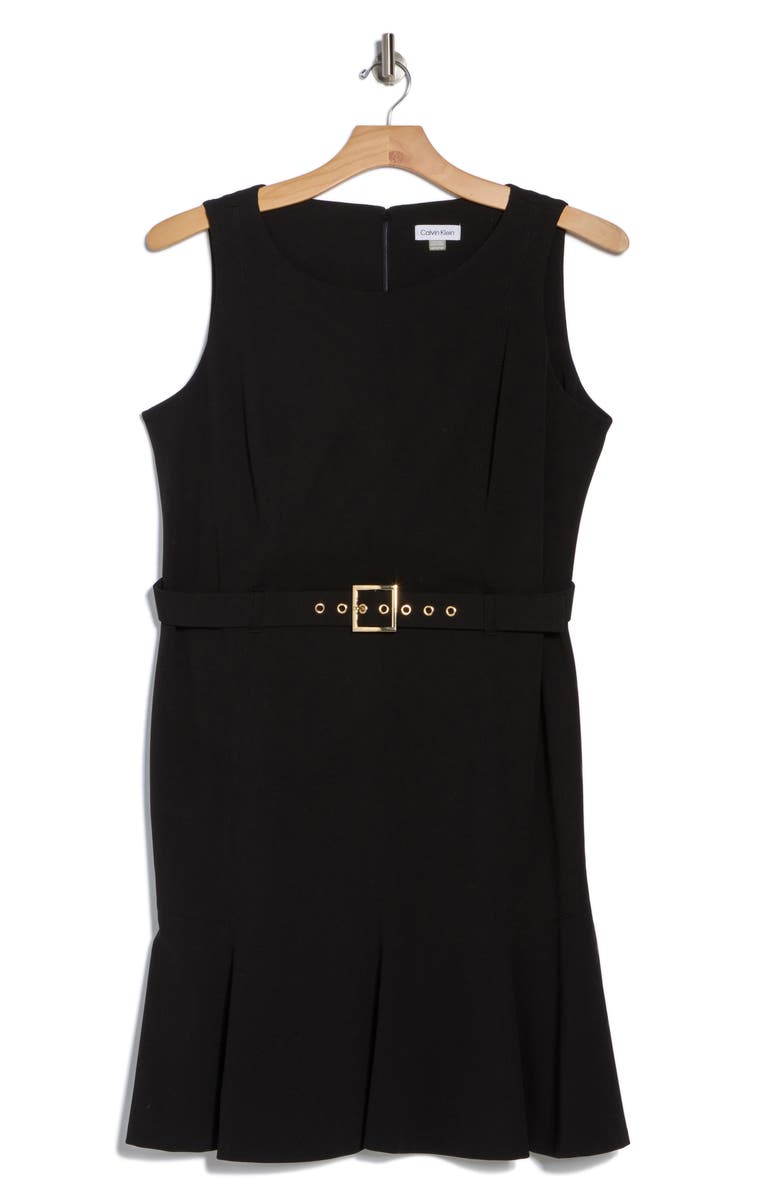 Calvin Klein Sleeveless Belted Scuba Crepe Dress, Alternate, color, Black
