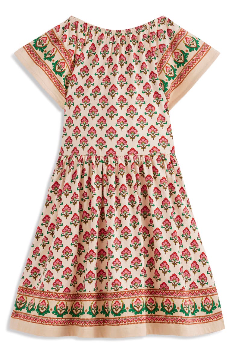 Mini Boden Kids' Print Flutter Sleeve Cotton Twirly Dress, Alternate, color, Multi Woodblock Floral