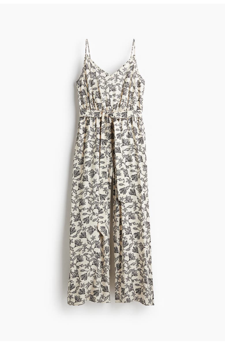 H&M Tie-belt Jumpsuit, Main, color, Cream/Black Floral