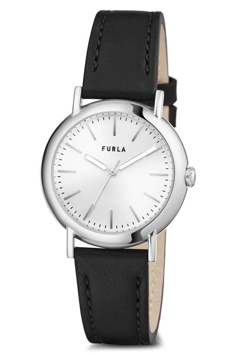Easy Shape Leather Strap Watch, 32mm, Alternate, color, SILVER/ SILVER/ BLACK