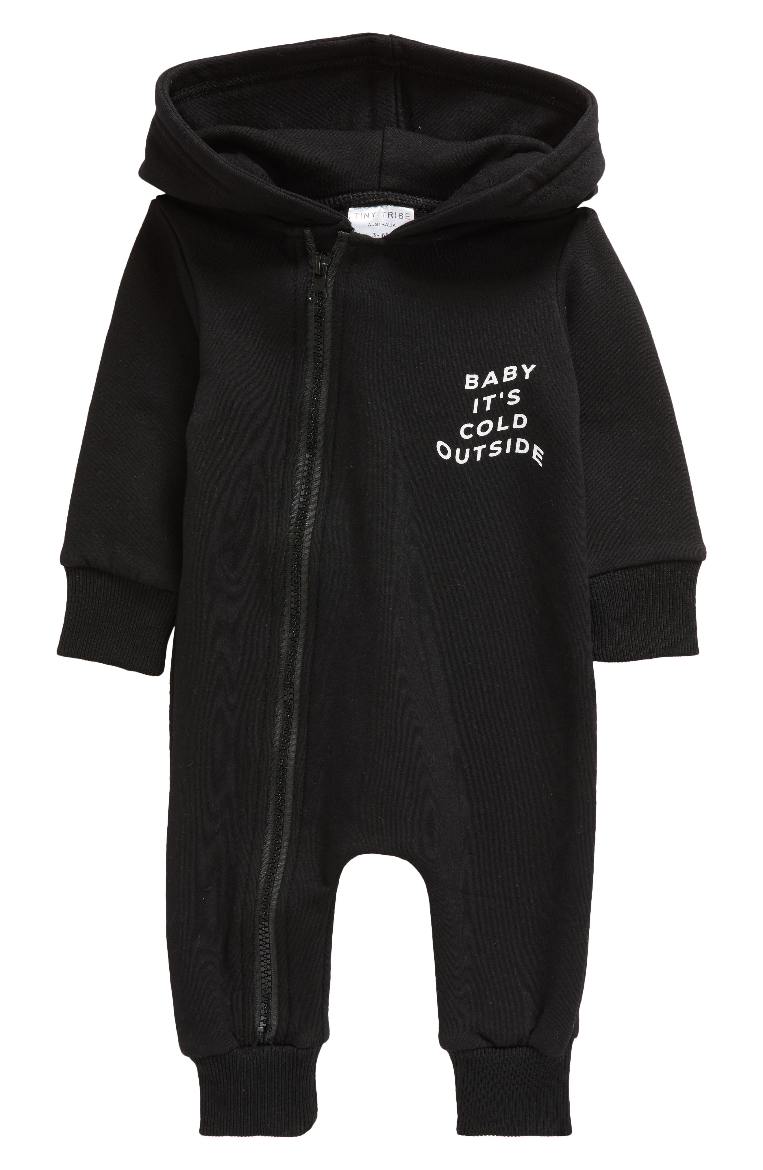 TINY TRIBE Cold Outside Hooded Cotton Graphic Romper in Black 