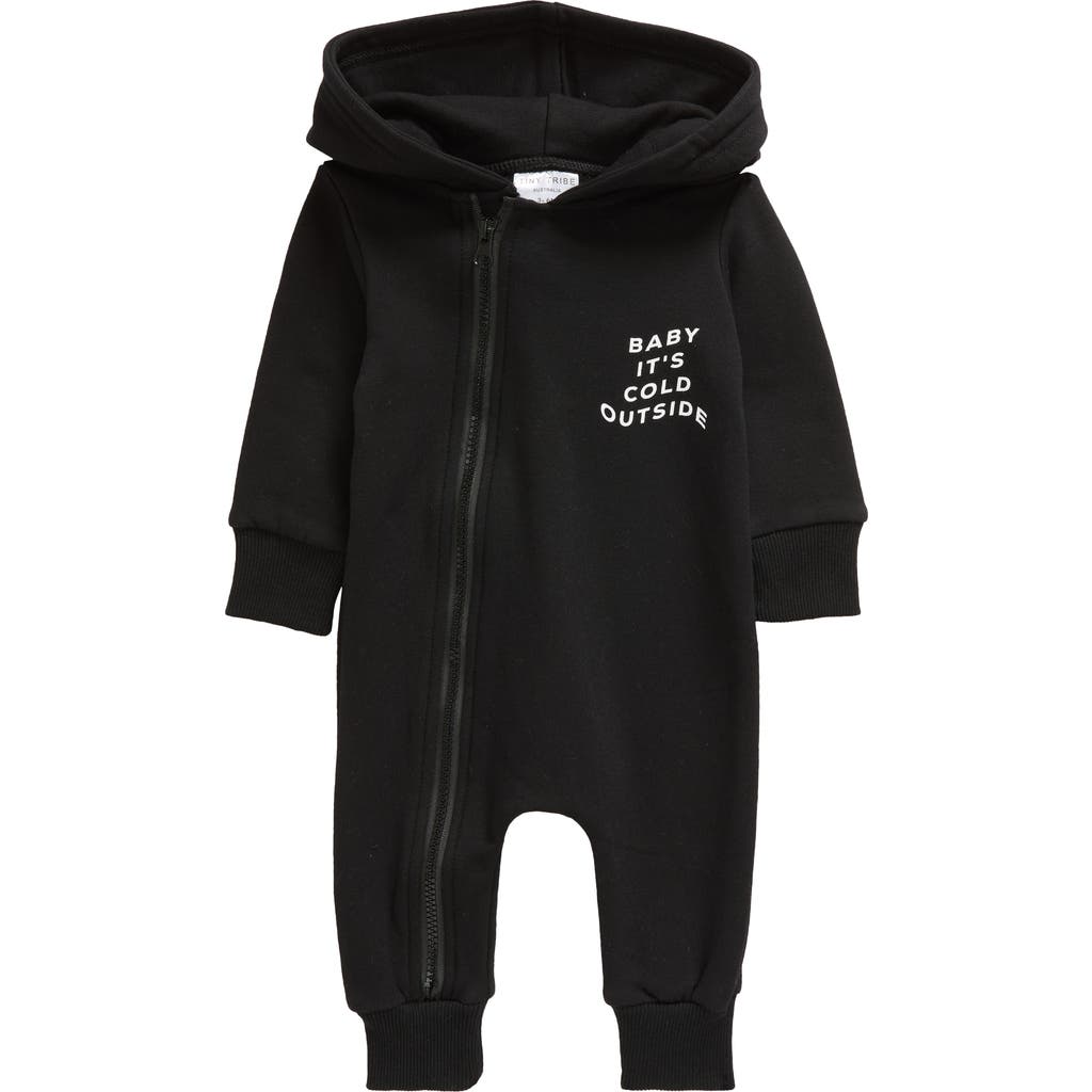 TINY TRIBE Cold Outside Hooded Cotton Graphic Romper in Black