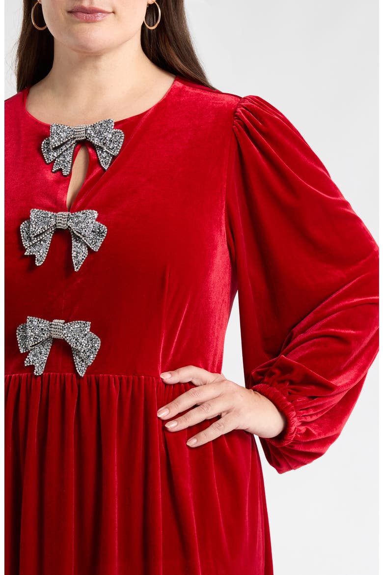 Jena Glow Bow Long Sleeve Velvet Midi Dress, Alternate, color, RED