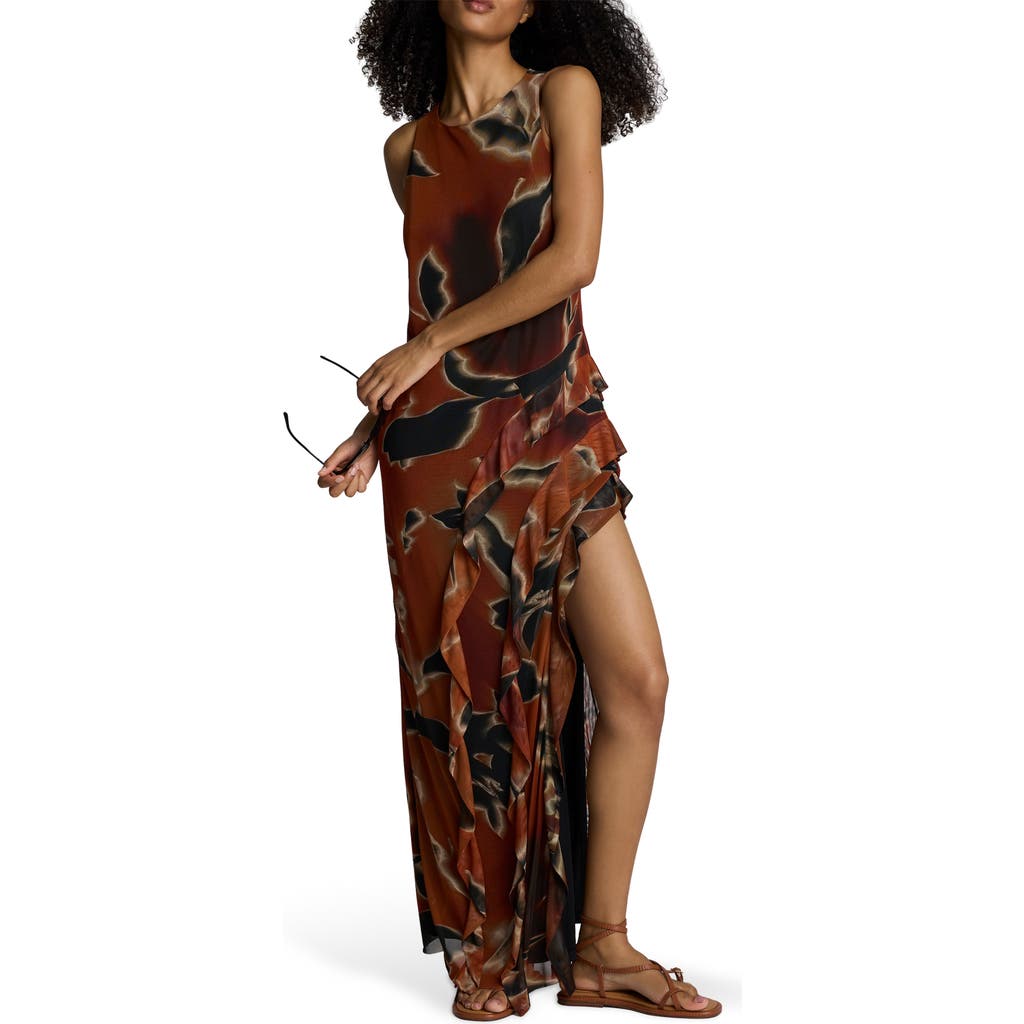 Kenneth Cole Printed Mesh Ruffle Slit Maxi Dress