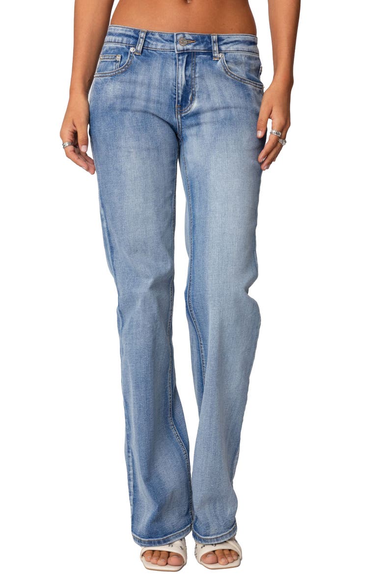EDIKTED Low Rise Bootcut Jeans, Main, color, Blue-Washed