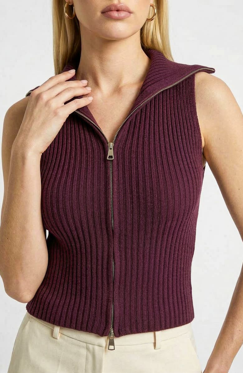 Knit & Lounge Sleeveless Sweater Vest with Zip Front and Ribbed Knit, Main, color, Dark Purple