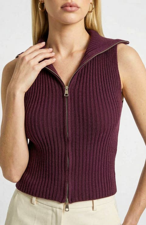 Sleeveless Sweater Vest with Zip Front and Ribbed Knit