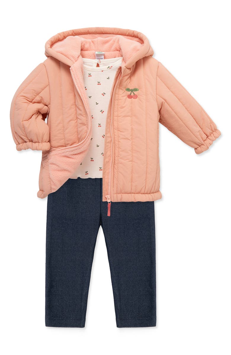 Little Me Cherry T-Shirt, Quilted Jacket & Leggings Set, Alternate, color, Pink