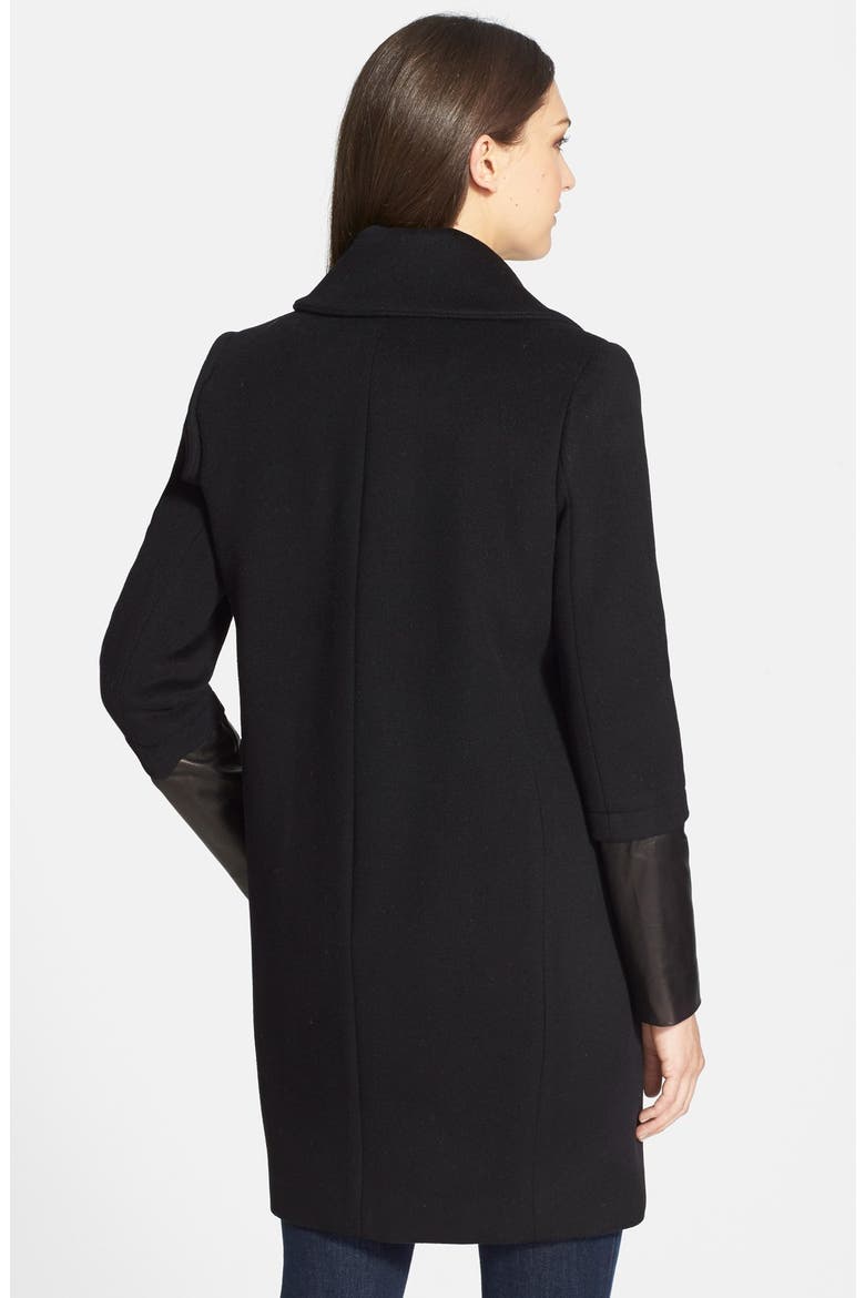 'Greece' Leather Sleeve Wool Coat, Alternate, color, BLACK