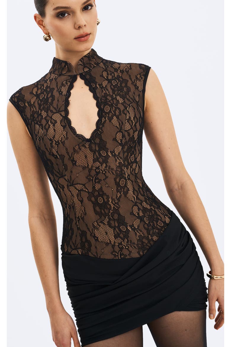 Valerie Lace Teardrop Neckline Ruched Mini Dress, Alternate, color, Black