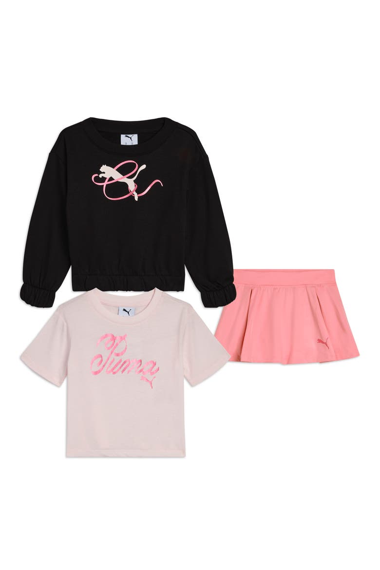 Kids' Crewneck Sweatshirt, Graphic T-Shirt & Skort Set, Main, color, BLACK