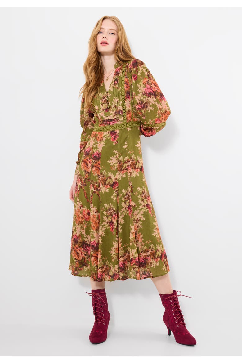 Autumn Peasant Maxi Dress, Main, color, OLIVE BATIK BLOOM