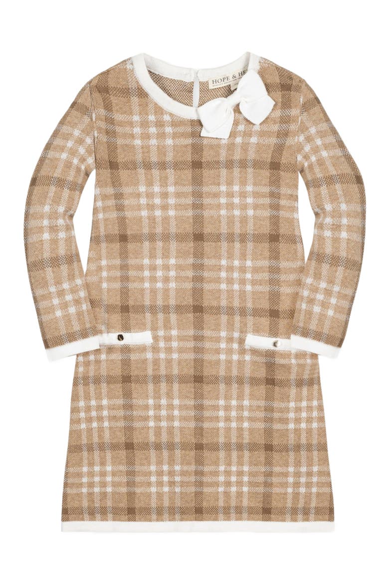 Girls' Organic Bow Sweater Dress, Toddler, Main, color, Camel Plaid Intarsia