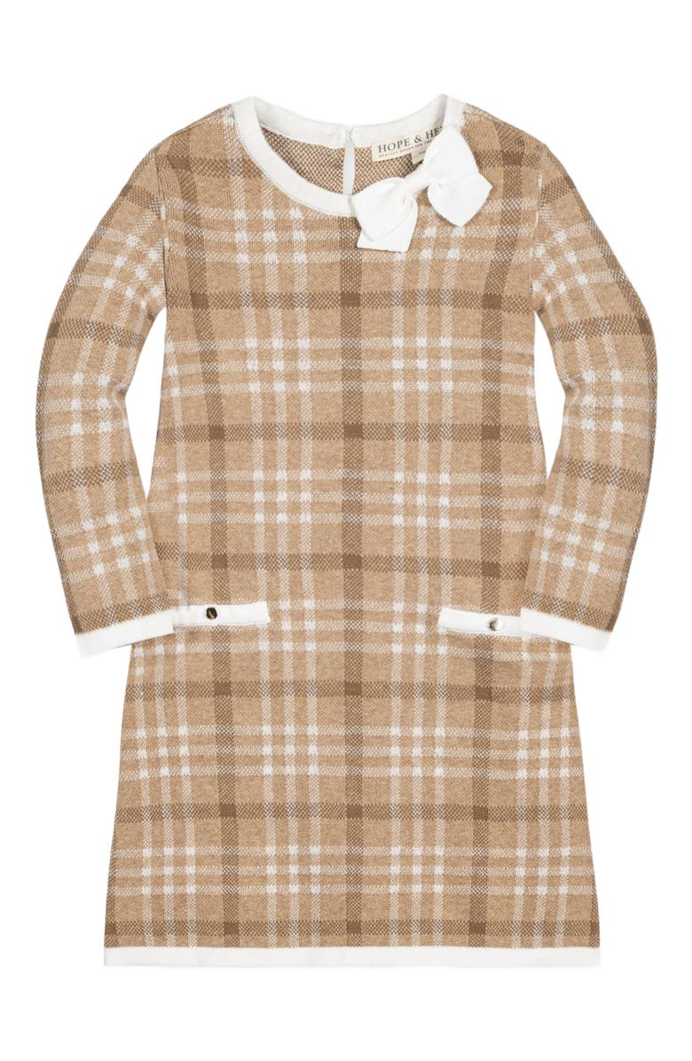 Hope & Henry Baby Girls' Organic Bow Sweater Dress, Infant, Main, color, Camel Plaid Intarsia