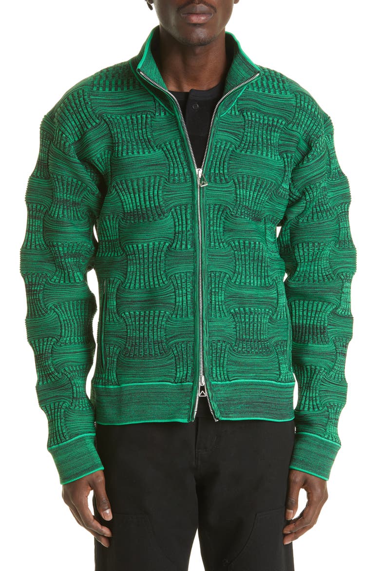 Stand Collar Zip Front Recycled Polyester Rib Sweater, Main, color, BLACK/ PARAKEET