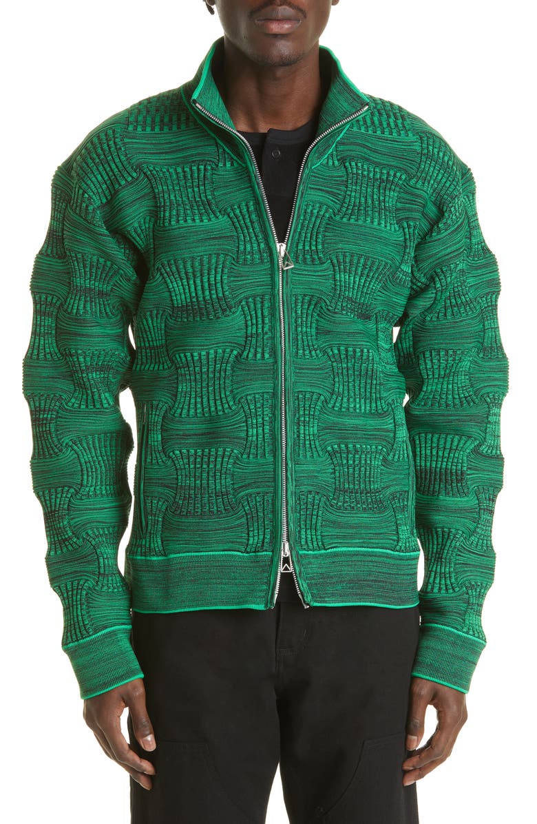 Bottega Veneta Stand Collar Zip Front Recycled Polyester Rib Sweater, Main, color, 