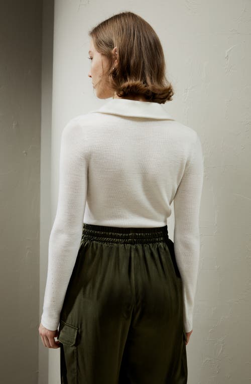 Lilysilk Gaia Ribbed Half Zip Ultra-fine Merino Wool Sweater In White