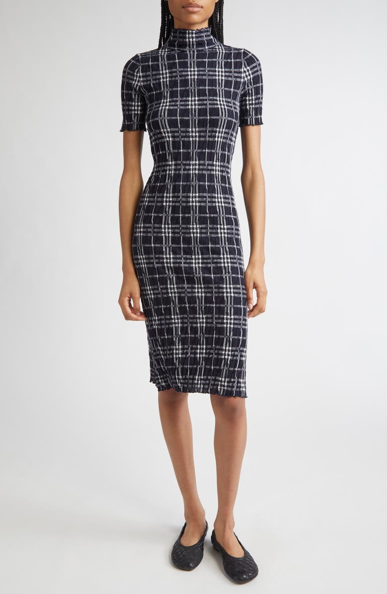 Burberry Check Turtleneck Wool Blend Dress, Main, color, Ink/ Chalk