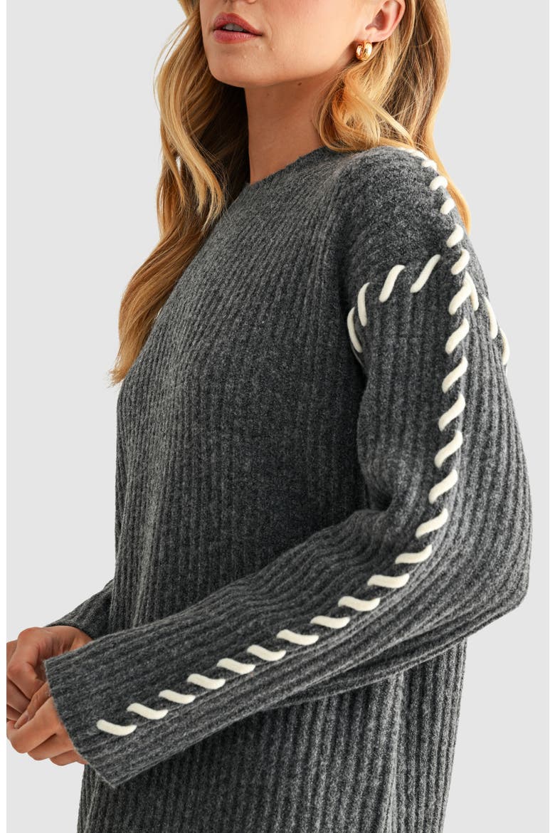 Contrast Whipstitch Long Sleeve Mini Sweater Dress, Alternate, color, CHARCOAL GREY