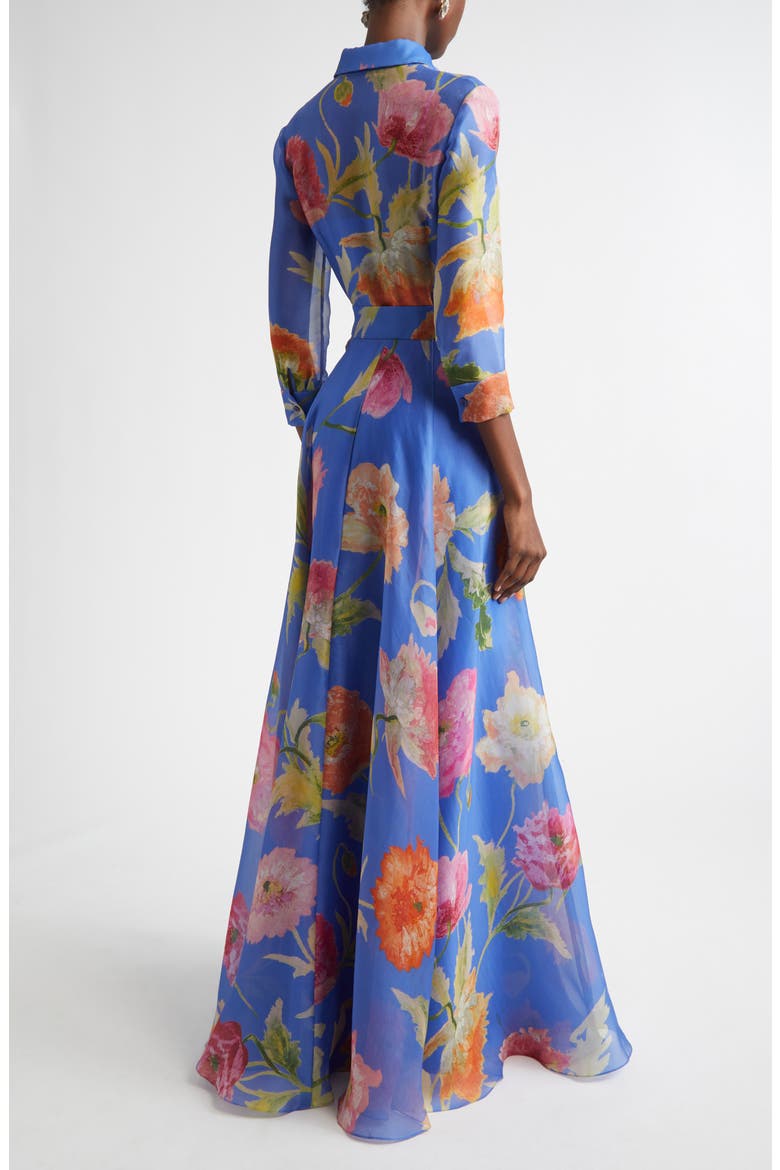 Poppy Print Belted Silk Organza Gown, Alternate, color, BLUEBELL MULTI