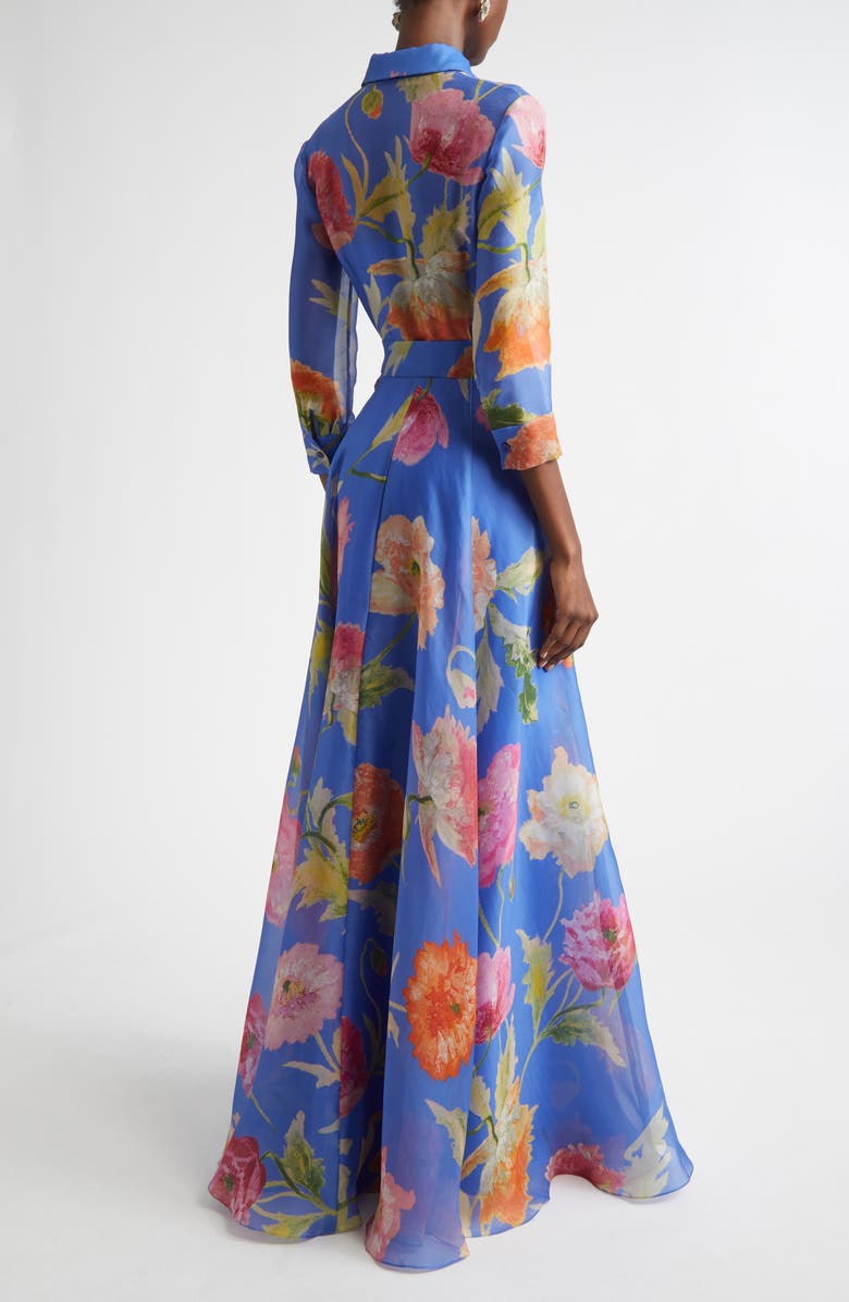 Carolina Herrera Poppy Print Belted Silk Organza Gown, Alternate, color, Bluebell Multi