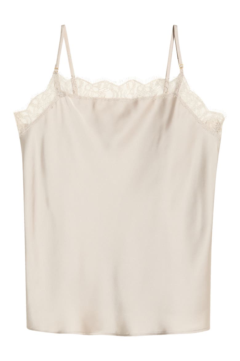 Scalloped Lace Trim Square Neck Satin Camisole, Alternate, color, BEIGE STRING