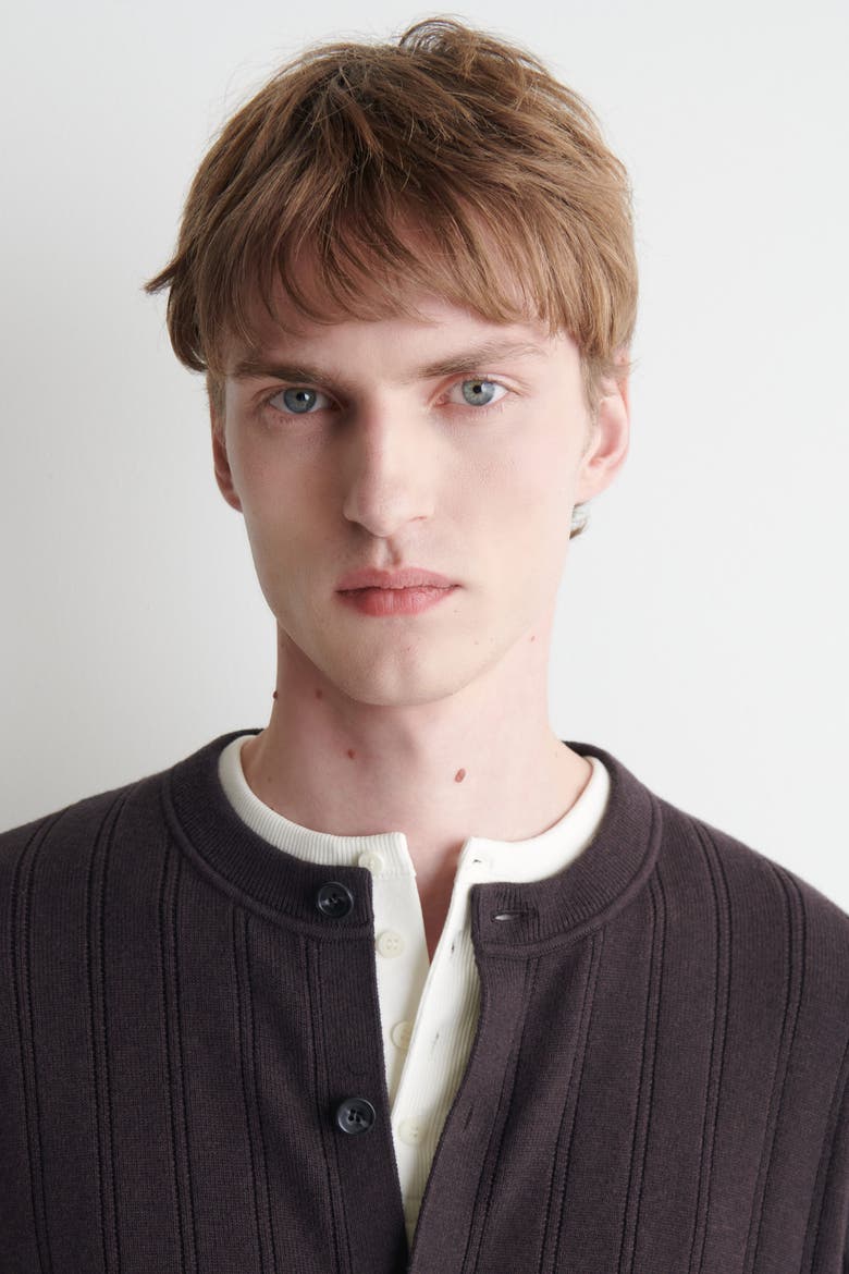 Ribbed Wool-Cotton Cardigan, Alternate, color, BROWN